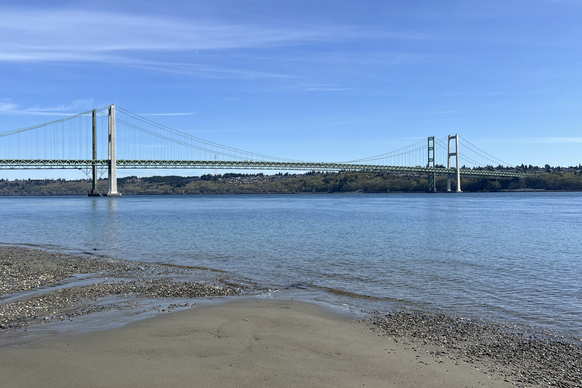 The Tacoma Narrows Bridge seen from Narrows Park, spanning the water between wooded shorelines